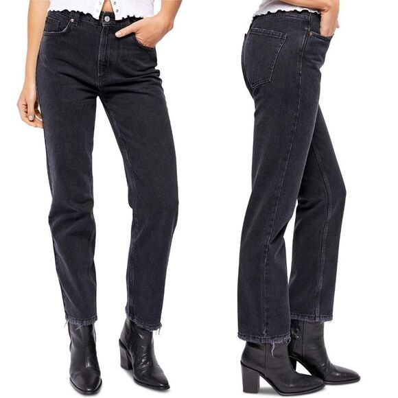 Free People Dakota Straight Leg Destructed Hem High Rise Pitch Black Denim Jeans - Picture 9 of 11